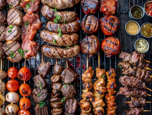 Top view of a South African braai with various grilled meats, using the rule of thirds, with ample copy space