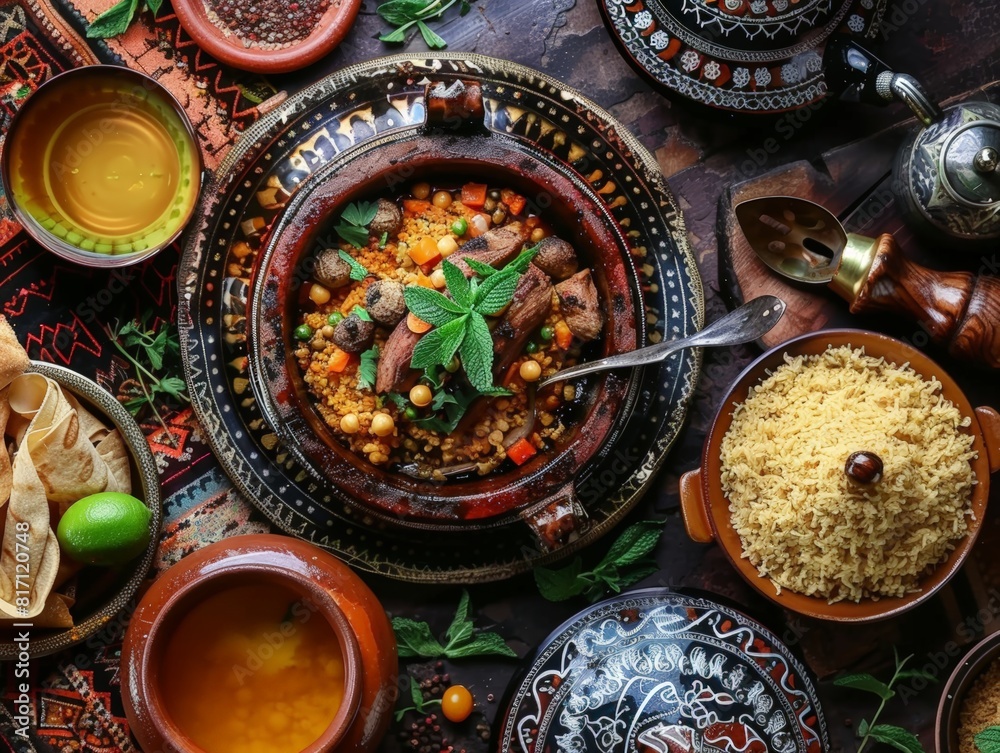Top view of a traditional Moroccan meal including couscous, tagine, and mint tea, using the rule of thirds, with ample copy space Top view of a traditional Moroccan meal including couscous, tagine, and mint tea, using the rule of thirds, with ample copy space
