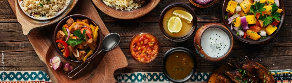 Top view of a traditional Peruvian meal including ceviche, lomo saltado, and pisco sour, using the rule of thirds, with ample copy space