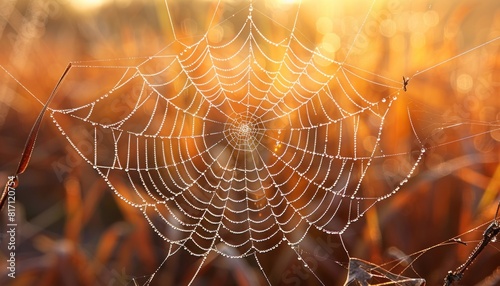 Closeup of spider web in field with sun shining through