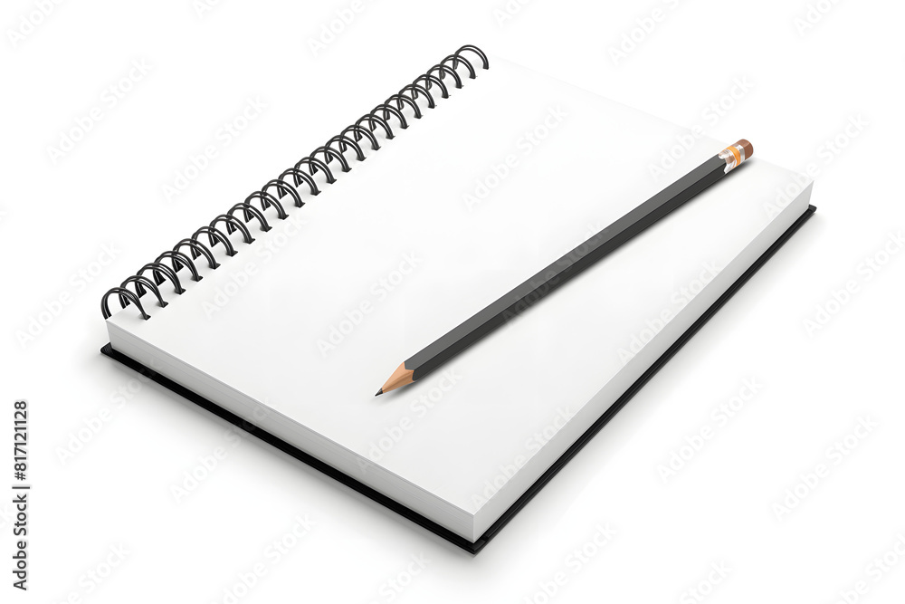 A detailed mockup of a blank spiral notebook with a pencil on a solid white background A detailed mockup of a blank spiral notebook with a pencil on a solid white background