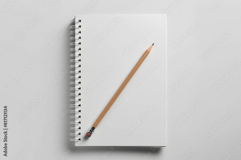 A detailed mockup of a blank spiral notebook with a pencil on a solid white background A detailed mockup of a blank spiral notebook with a pencil on a solid white background