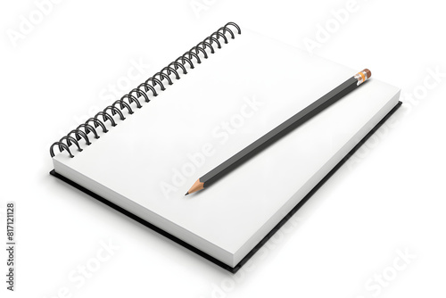 A detailed mockup of a blank spiral notebook with a pencil on a solid white background