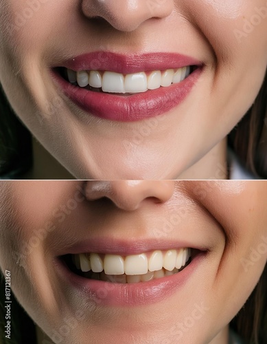 Close-up of a split-view smile showing teeth before and after whitening