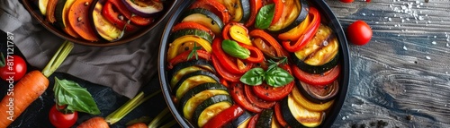 Top view of French ratatouille with colorful vegetables, using the rule of thirds, with ample copy space photo