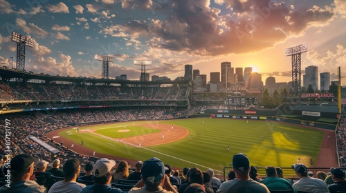Sunset at the Baseball Stadium with City Skyline View © spyrakot