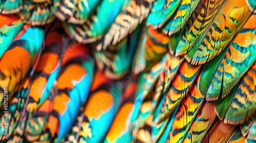  A bird's vibrant feathers are showcased in this close-up photo Orange, yellow, and blue hues adorn the bird's body, making for a stunning