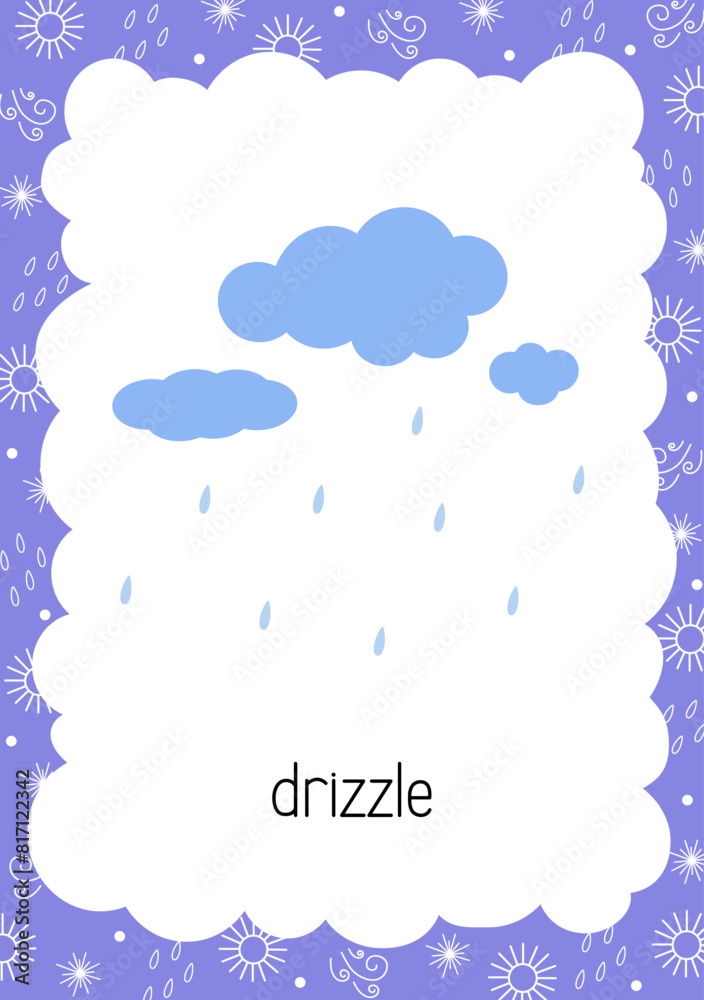 Weather flash card Rain Drizzle topical vocabulary learning printable, educational English kids worksheet, nursery, kindergarten, pre-school, leisure activity, teacher resources vector illustration Weather flash card Rain Drizzle topical vocabulary learning printable, educational English kids worksheet, nursery, kindergarten, pre-school, leisure activity, teacher resources vector illustration