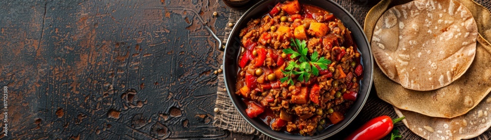 Top view of Ethiopian kitfo with injera, using the rule of thirds, with ample copy space, spicy and rich, high-quality image Top view of Ethiopian kitfo with injera, using the rule of thirds, with ample copy space, spicy and rich, high-quality image