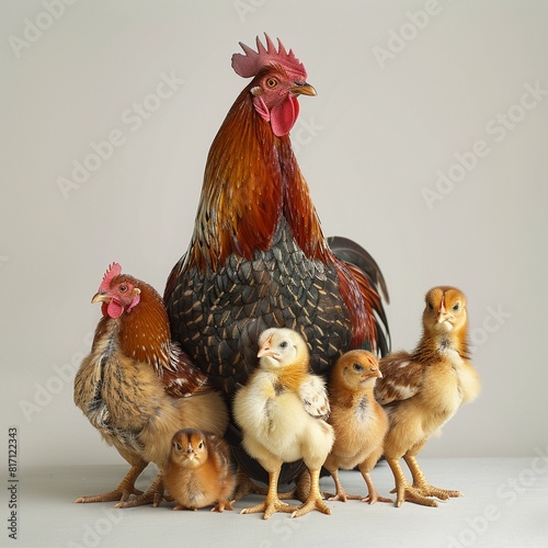 Family of Chickens, white background photo