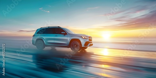 Modern SUV on a Coastal Concrete Road Against a Blurry Sunset Background. Concept Car Photography, Sunset Background, Coastal Road, SUV, Modern Design photo