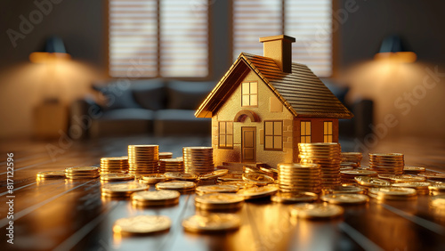 A golden house model surrounded by gold coins, the concept of building wealth through smart investments. Ideal for finance and investment content.