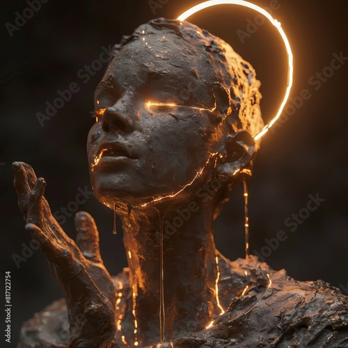 3D rendering of an abstract sculpture with a woman's head and hand facing the viewer on a dark background