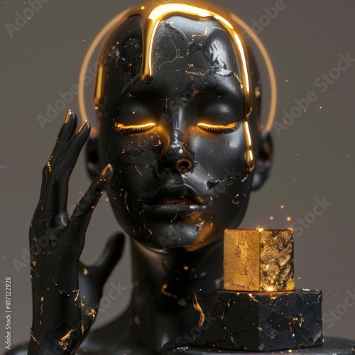 An illustration depicting an abstract female head with gold