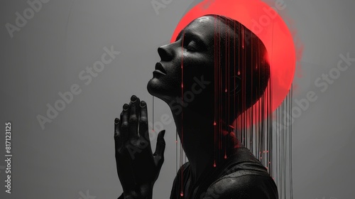 Illustration of a human head , an abstract painting on a black background with golden drops and lines