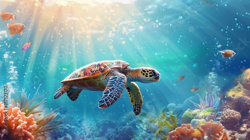 Turtle swimming in the ocean vector with copy space. world turtle day