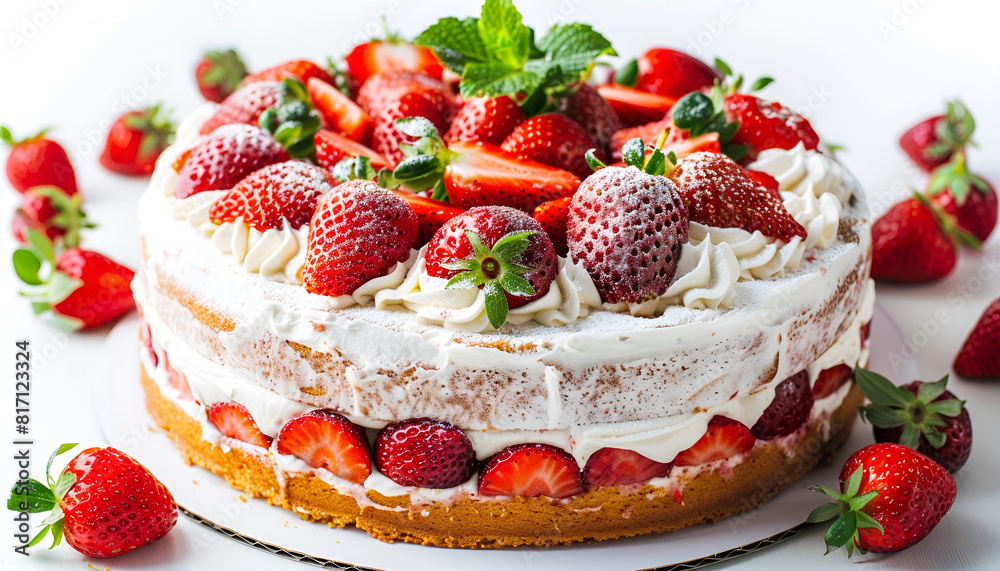 Tasty cake with fresh strawberries and mint isolated on white Tasty cake with fresh strawberries and mint isolated on white