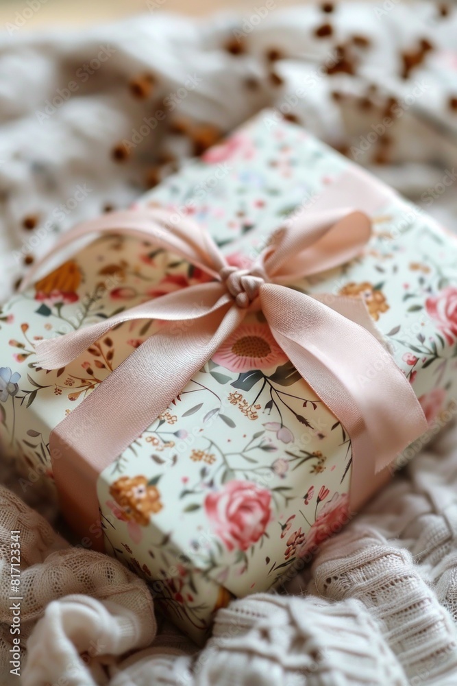 Artistic gift wrap with floral paper and pink ribbon Artistic gift wrap with floral paper and pink ribbon