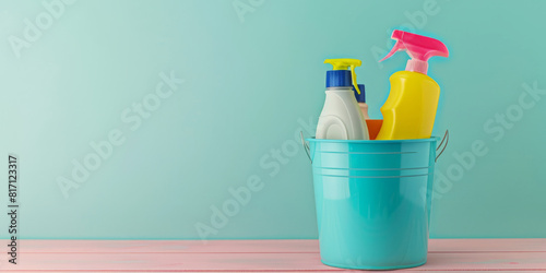 cleaning supplies on a wooden table  photo