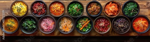 A minimalist composition featuring a collection of small bowls, each containing a different variety of kimchi, arranged in a neat row on a rustic wooden board, panoramic space abov photo