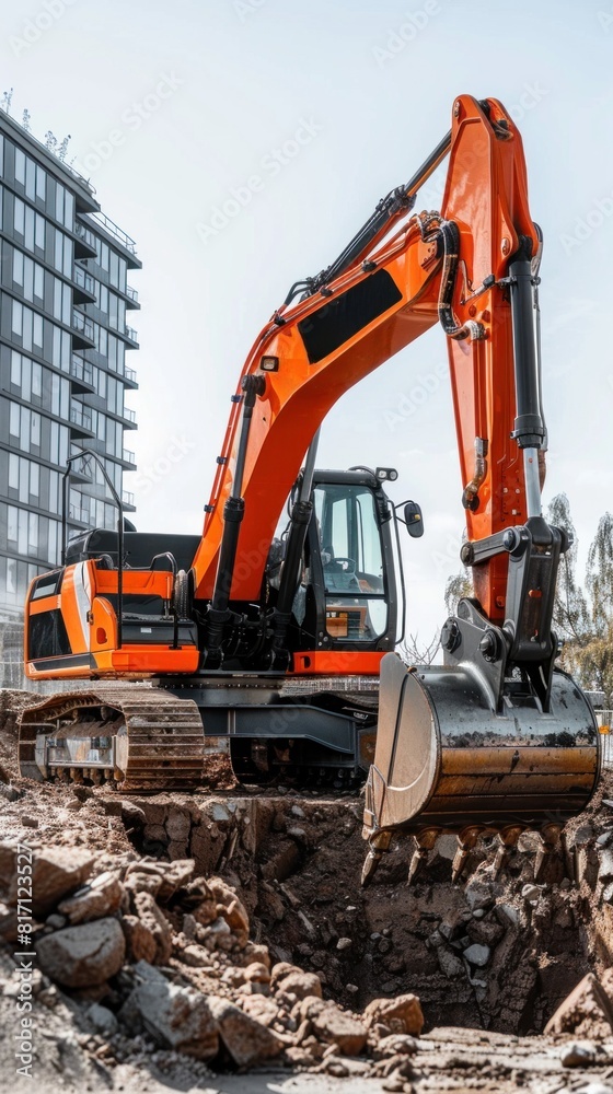 An orange excavator is busy on a construction site under the cloudy sky An orange excavator is busy on a construction site under the cloudy sky