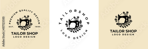 Sewing Machine and flower logo design illustration.Sewing logo atelier, Vintage Tailor's logo, Handmade workshop studio logo, Craft hobby logo. Fashion and clothing logo