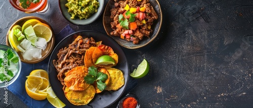 Top view of a vibrant Cuban meal including ropa vieja, tostones, and mojito, using the rule of thirds, with ample copy space