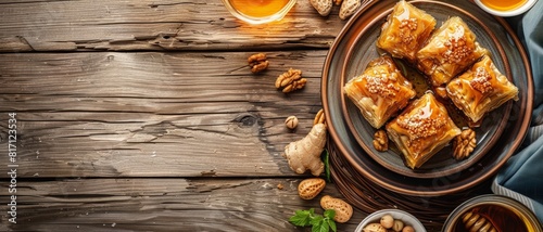 Top view of Greek baklava with honey and nuts, using the rule of thirds, with ample copy space