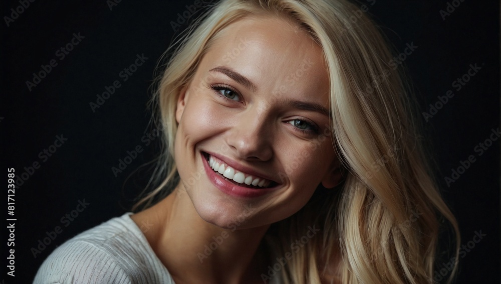 Blonde Woman Smiling with Whitened Teeth, Soft Black Background Blonde Woman Smiling with Whitened Teeth, Soft Black Background