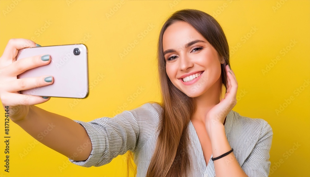 Beautiful young brunette woman using smartphone mobile to selfie take photo herself standing on isolated yellow background Beautiful young brunette woman using smartphone mobile to selfie take photo herself standing on isolated yellow background