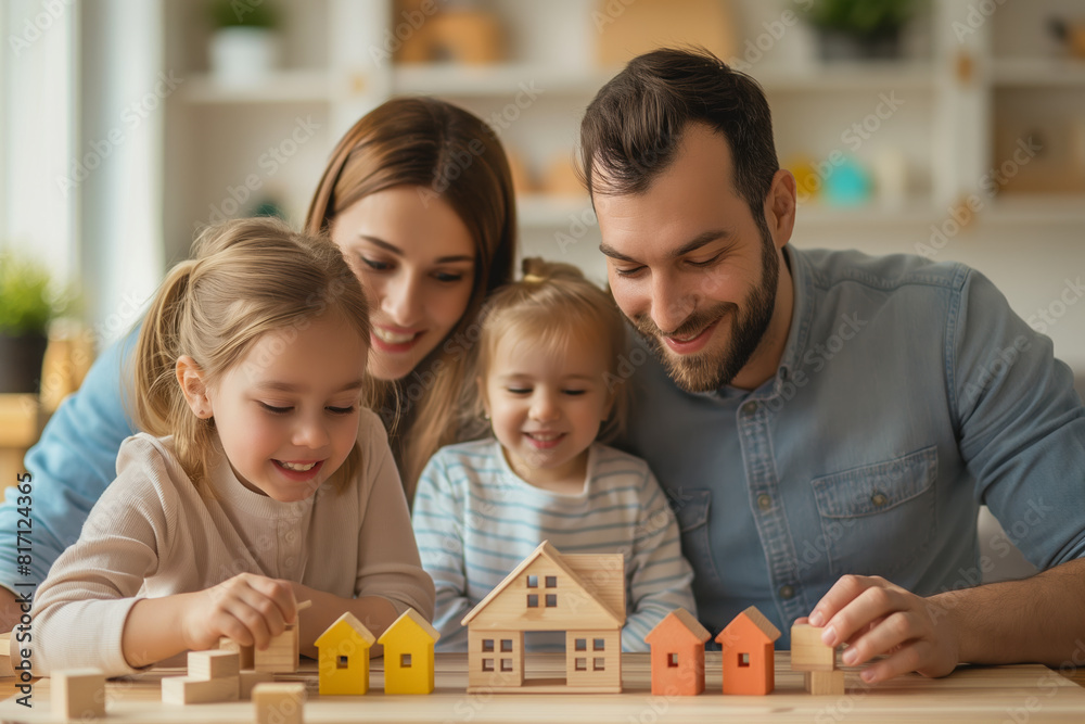 Happy family building wooden block houses together, representing the concepts of real estate and mortgage, while highlighting creativity, playful learning, and family bonding in a home setting Happy family building wooden block houses together, representing the concepts of real estate and mortgage, while highlighting creativity, playful learning, and family bonding in a home setting