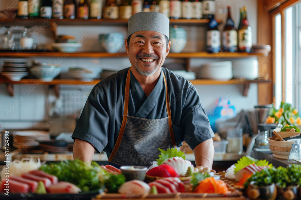Friendly cheerful chef in a traditional japanese restaurants kitchen with fish food and sushi. Portrait. Job and profession. Friendly cheerful chef in a traditional japanese restaurants kitchen with fish food and sushi. Portrait. Job and profession.