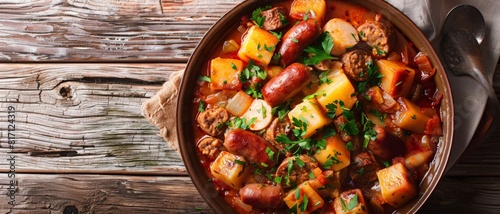 Top view of Argentinian locro with sausage, using the rule of thirds, with ample copy space, rich and hearty, high-quality image photo