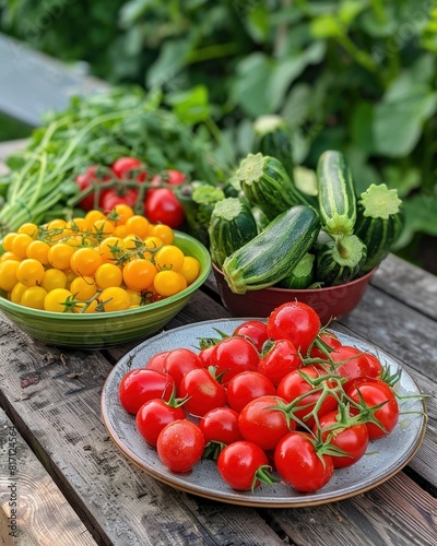 A table with bowls of tomatoes, cucumbers, and other fresh vegetables