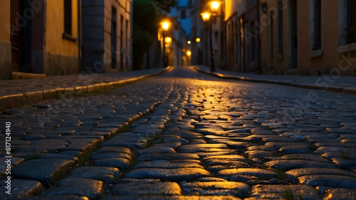 Cobblestone street at dusk with street lamps