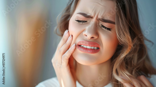 A young woman holds her cheek with her hand and suffers from severe toothache, while closing her eyes. Dental diseases concept, problems with teeth and tooth enamel photo