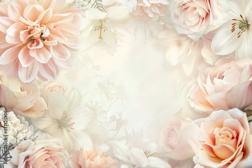 Delicate Romantic Floral Wedding Invitation with Roses, Peonies, and Lilies - Pastel Watercolor Illustration Delicate Romantic Floral Wedding Invitation with Roses, Peonies, and Lilies - Pastel Watercolor Illustration