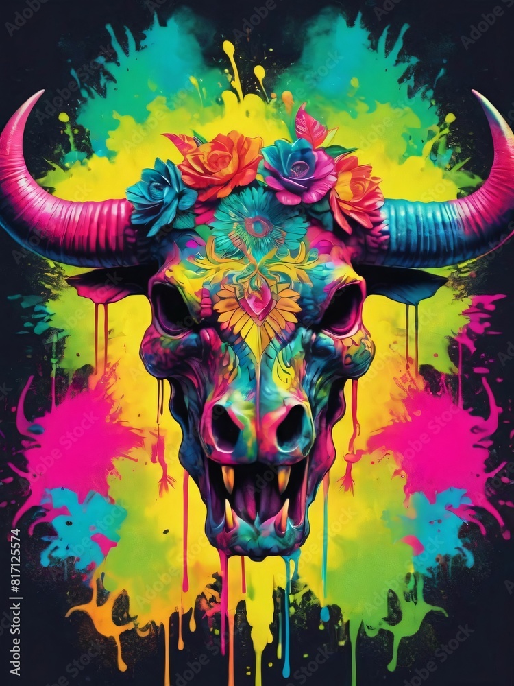 Floral Bull Skull Neon Iridescent Painting Generative AI Illustration 