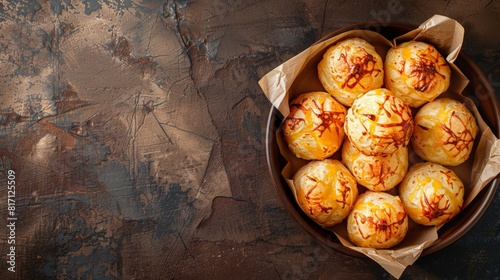 Top view of Brazilian pao de queijo with cheese, using the rule of thirds, with ample copy space