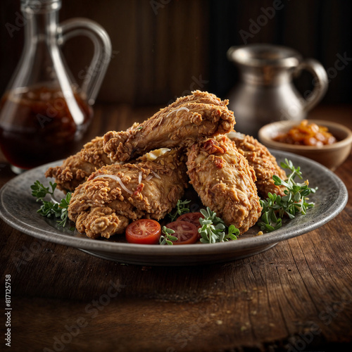 A plate of crispy fried chicken with tomatoes and herbs, a bottle of sauce, and a cup of sauce on a wooden table.