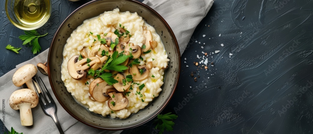 Top view of a creamy Italian risotto with mushrooms, using the rule of thirds, with ample copy space Top view of a creamy Italian risotto with mushrooms, using the rule of thirds, with ample copy space