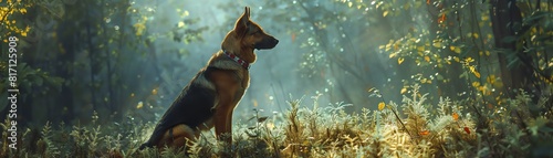 Search and rescue operation in a dense forest, rescue dogs leading the way