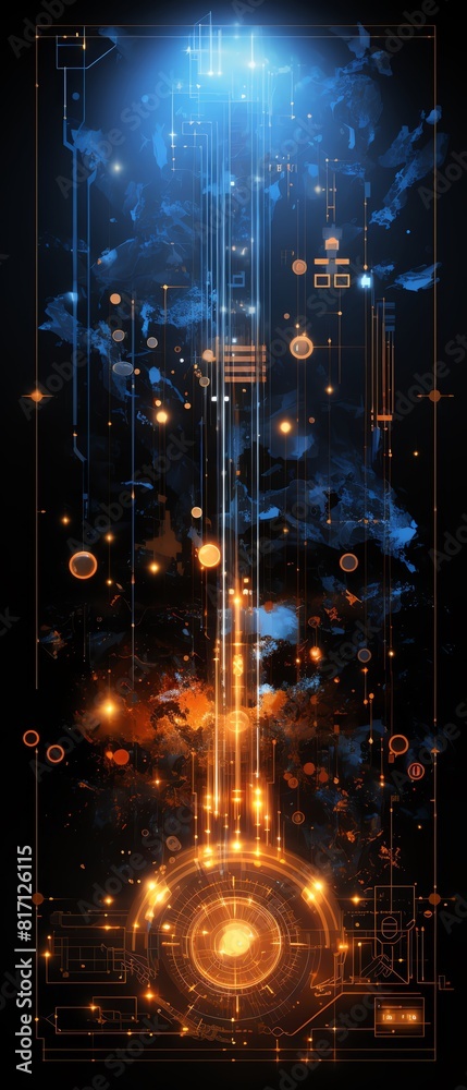 Fototapeta premium Quantum interface visualization on screen, front view, dynamic data display, electric blue and silver, futuristic tone, Complementary Color Scheme