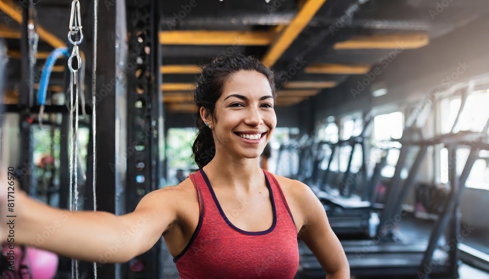 Fototapeta premium Joyful woman taking a selfie in a gym, radiating confidence and positivity after a workout session