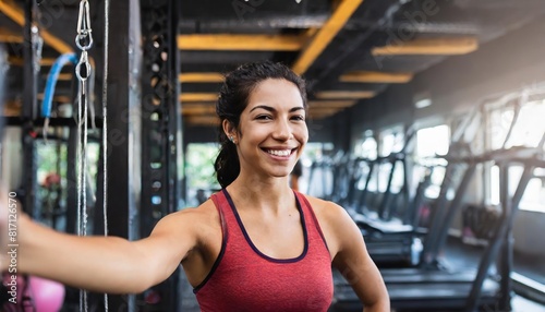  Joyful woman taking a selfie in a gym, radiating confidence and positivity after a workout session