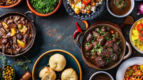 Top view of a colorful Brazilian meal including feijoada  pao de queijo  and caipirinha  using the rule of thirds  with ample copy space