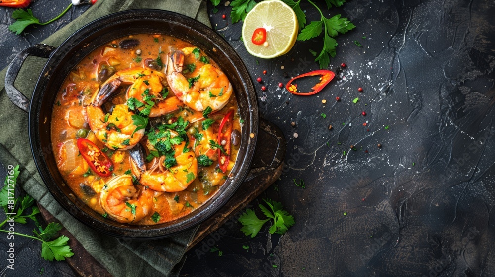 Top view of Brazilian moqueca with seafood, using the rule of thirds, with ample copy space, flavorful and creamy, high-quality image Top view of Brazilian moqueca with seafood, using the rule of thirds, with ample copy space, flavorful and creamy, high-quality image