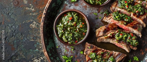 Top view of Argentinian entrana with chimichurri, using the rule of thirds, with ample copy space, tender and flavorful, high-quality image
