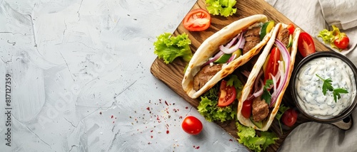 Top view of Greek gyro with pita bread and tzatziki, using the rule of thirds, with ample copy space