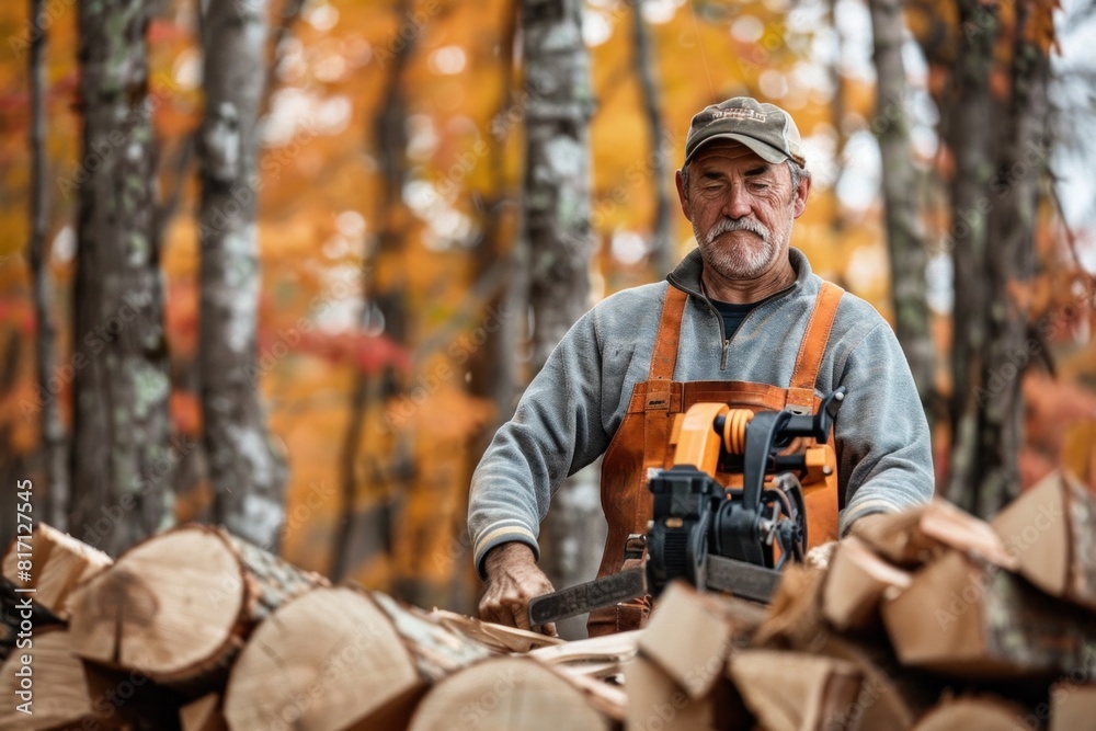Man wearing camo hat cutting tree trunks with chainsaw in forest Man wearing camo hat cutting tree trunks with chainsaw in forest